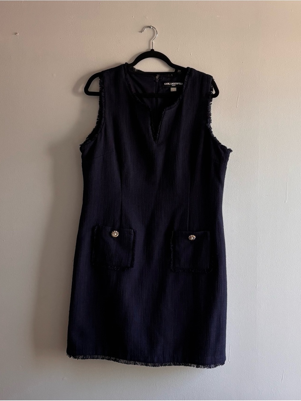 Karl Legerfield Paris Women  Sleeveless  V Neck Navy Blue Midi Dress Sz 16 lined